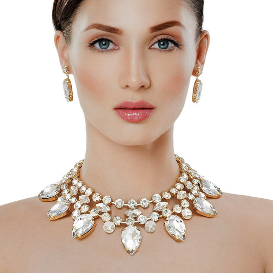 Formal Brilliant Gold Teardrop Crystal Necklace