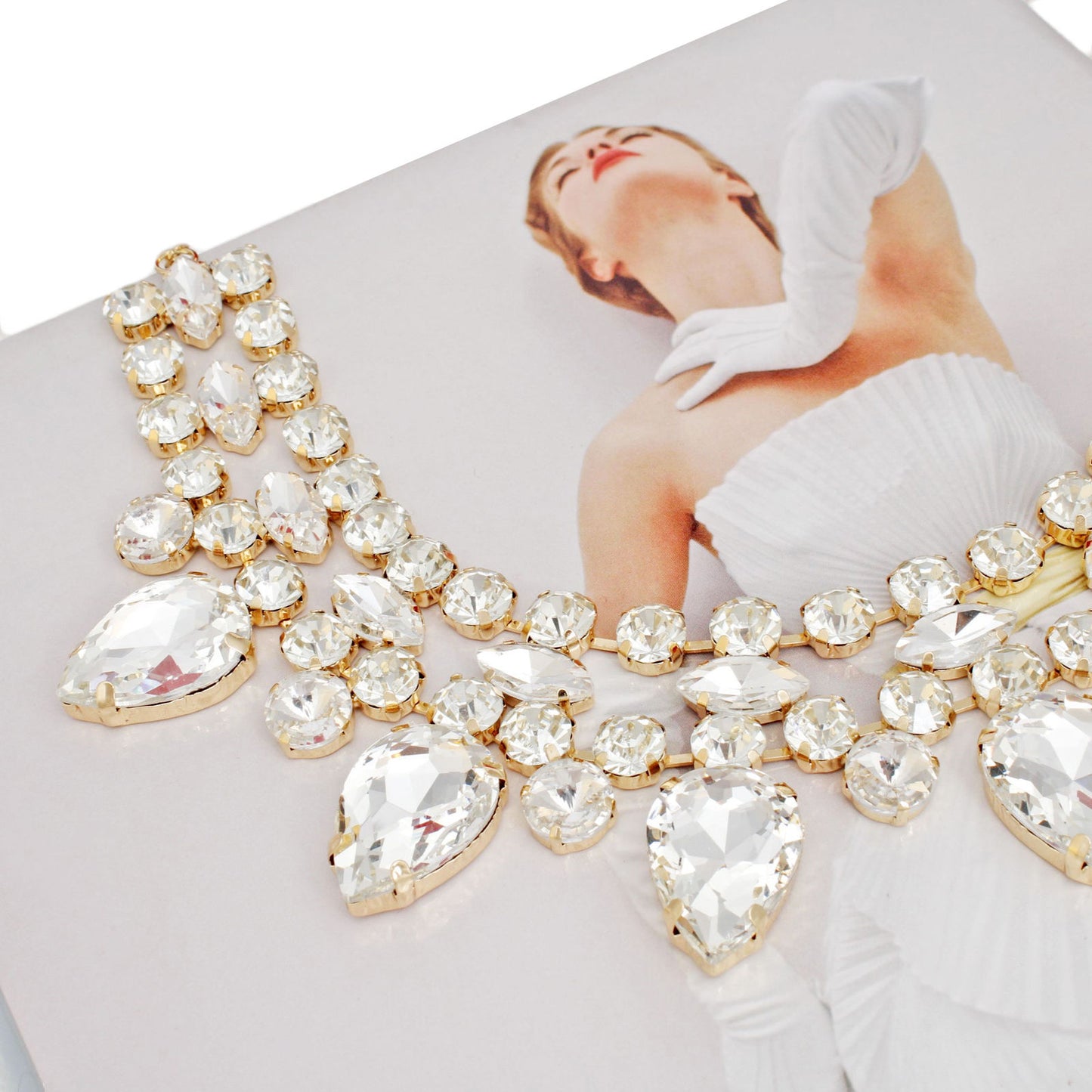 Formal Brilliant Gold Teardrop Crystal Necklace