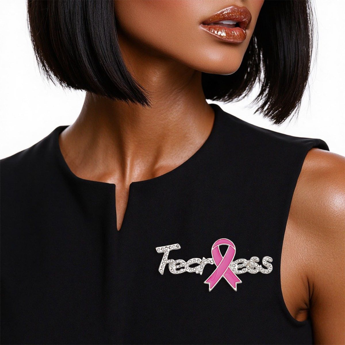 Breast Cancer Silver Fearless Pink Ribbon Brooch