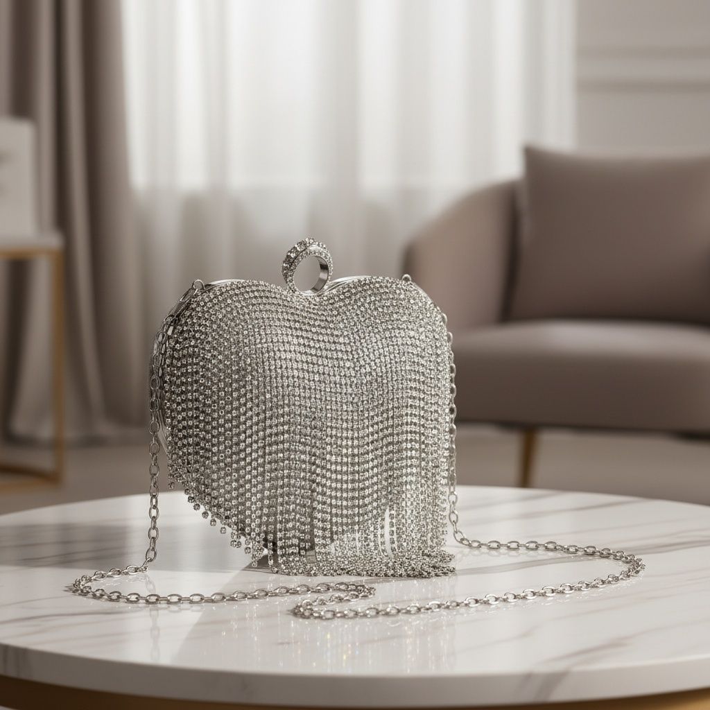 Clutch Silver Rhinestone Fringe Heart Hardcase Bag