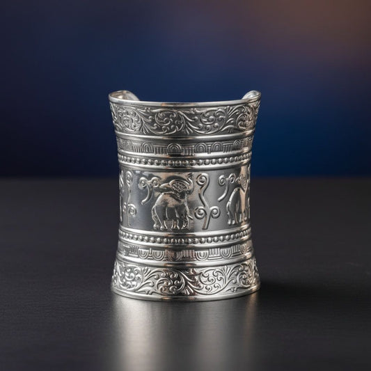 Long Cuff Silver Metal Elephant Embossed Bracelet