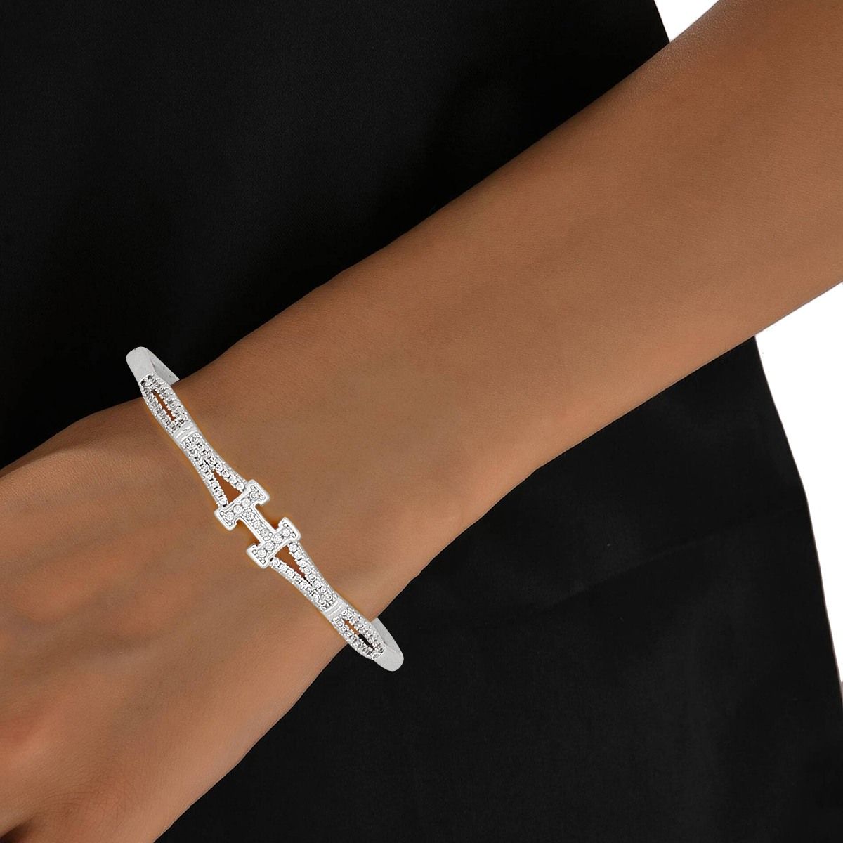 Bangle Sleek Timeless Luxe H Pave Silver Bracelet