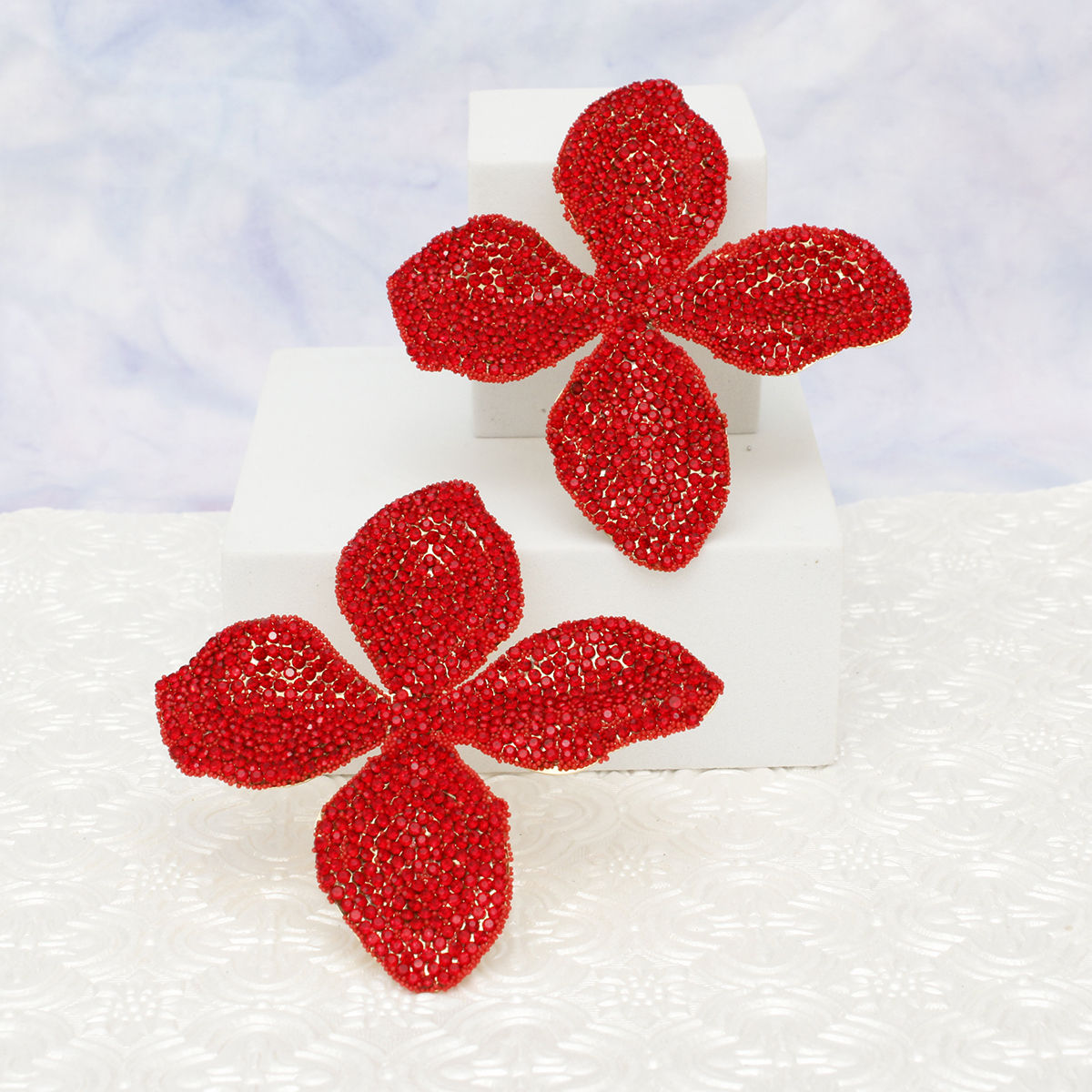 Stud Brilliant Red Dimensional Flower Earrings