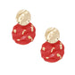 Drop Wavy Gold Red Painted Disc Design Earrings