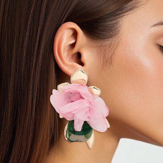 AKA Stud Gold Pink Green Fabric Flower Earrings