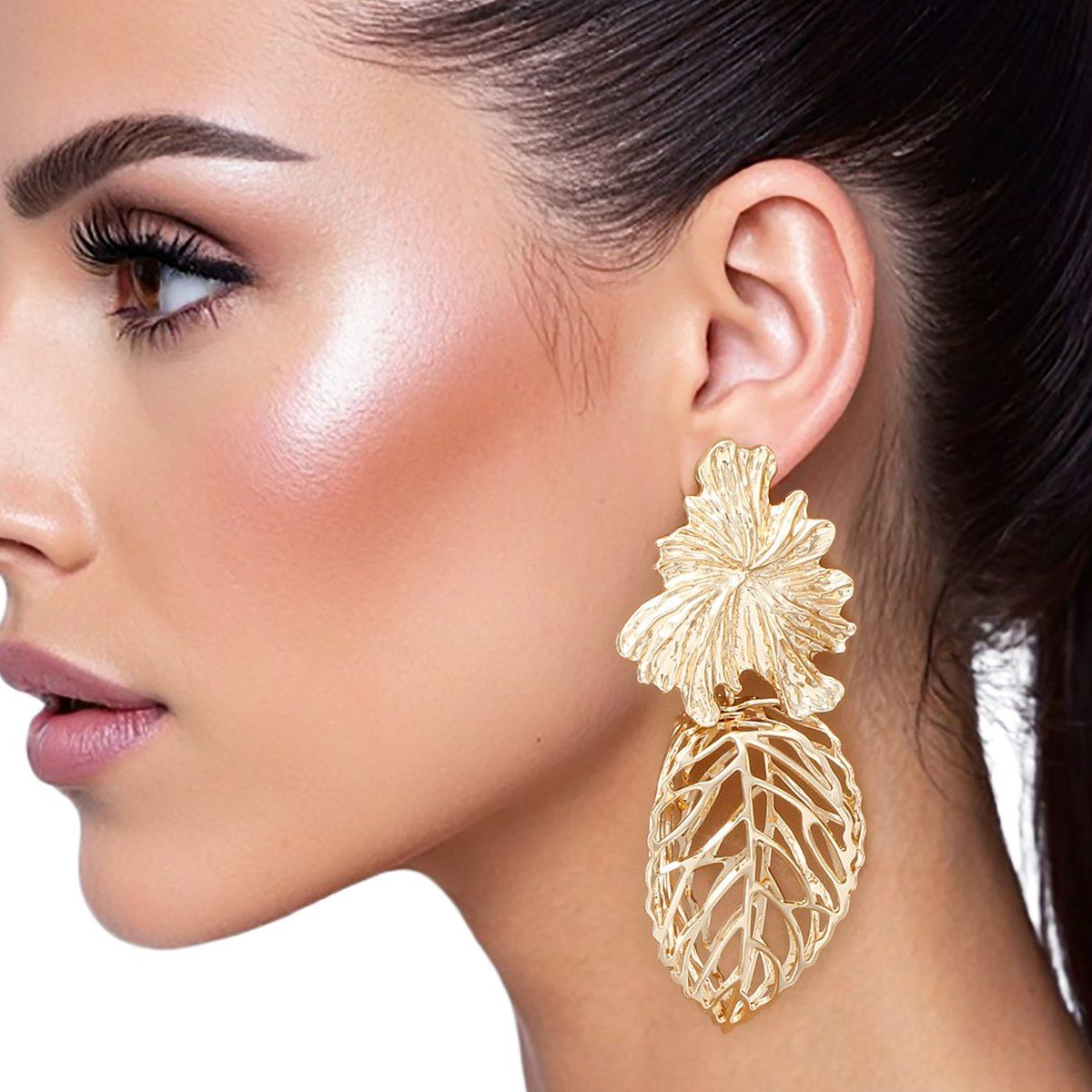 Drop Architectural Gold 3D Caged Leaf Earrings