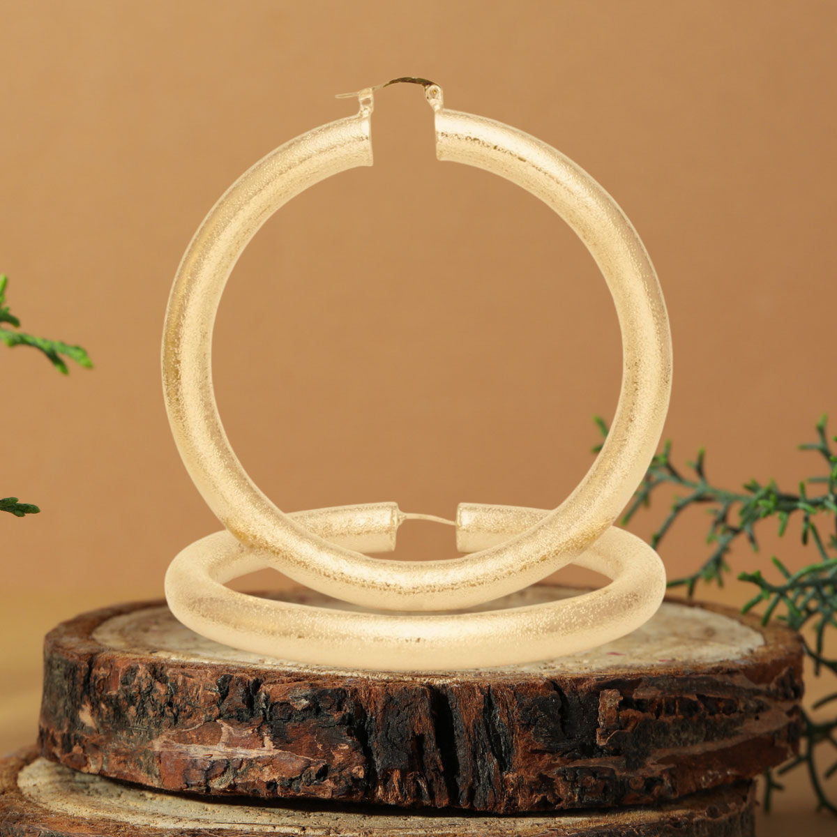 Hoop High Shine Gold Sandblasted Thick Earrings