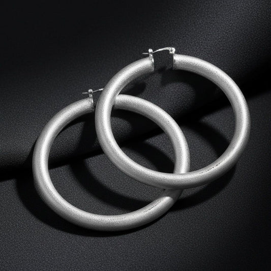 Hoop High Shine Silver Sandblasted Thick Earrings