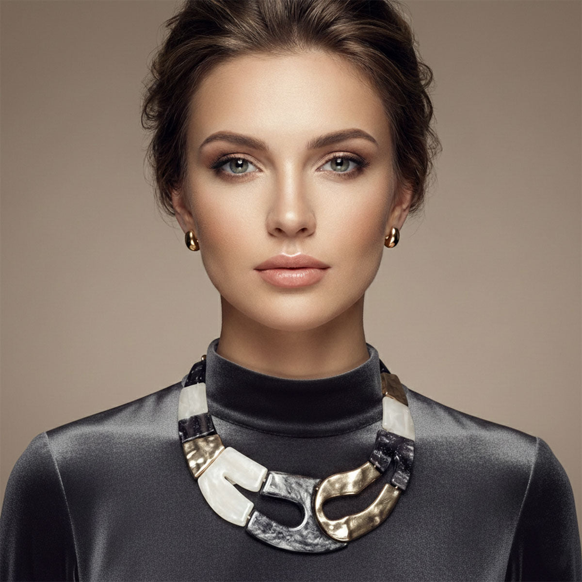 Vintage Marbled Black White Resin Bib Necklace