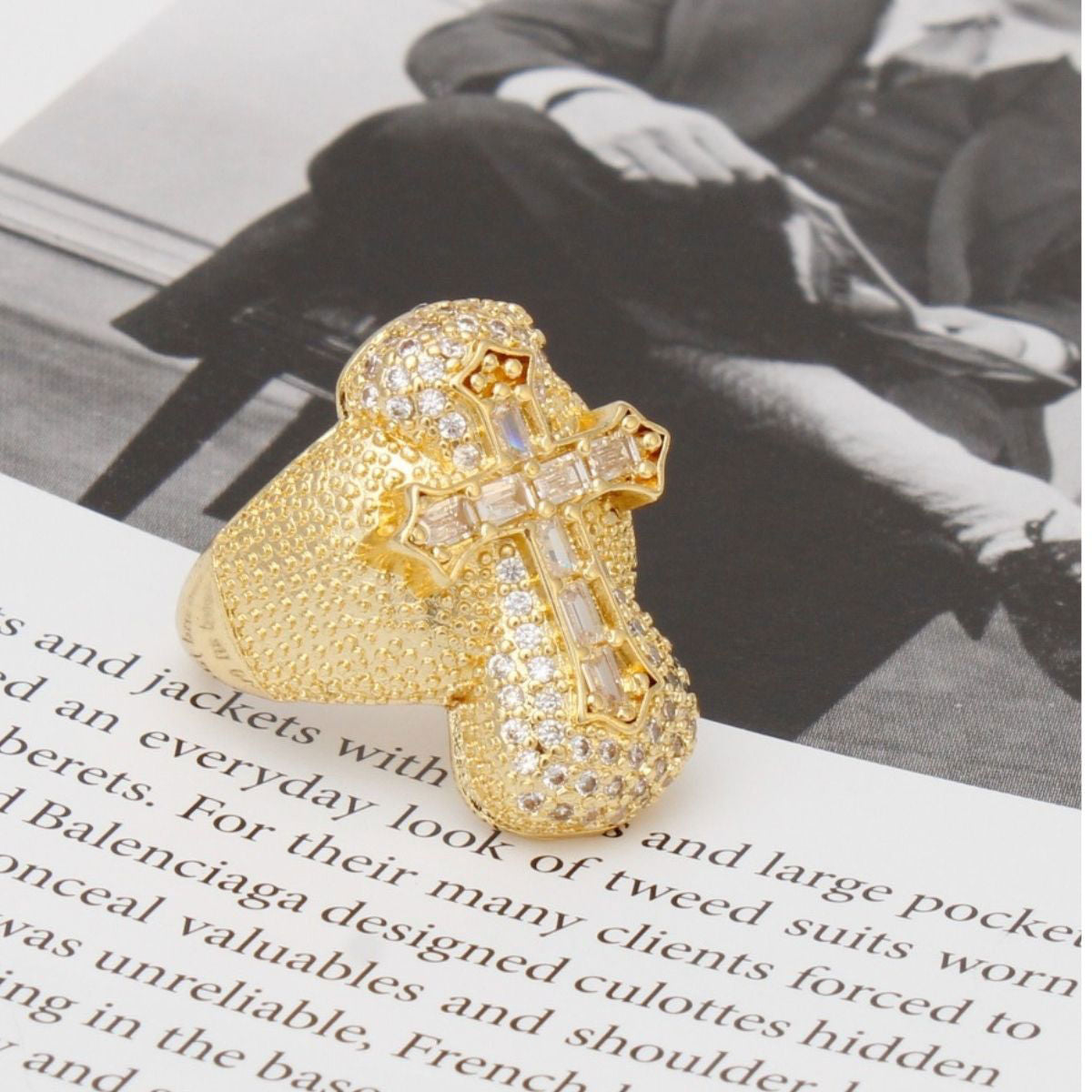 Cocktail Artisan Luxe Gold Brass CZ Cross Ring