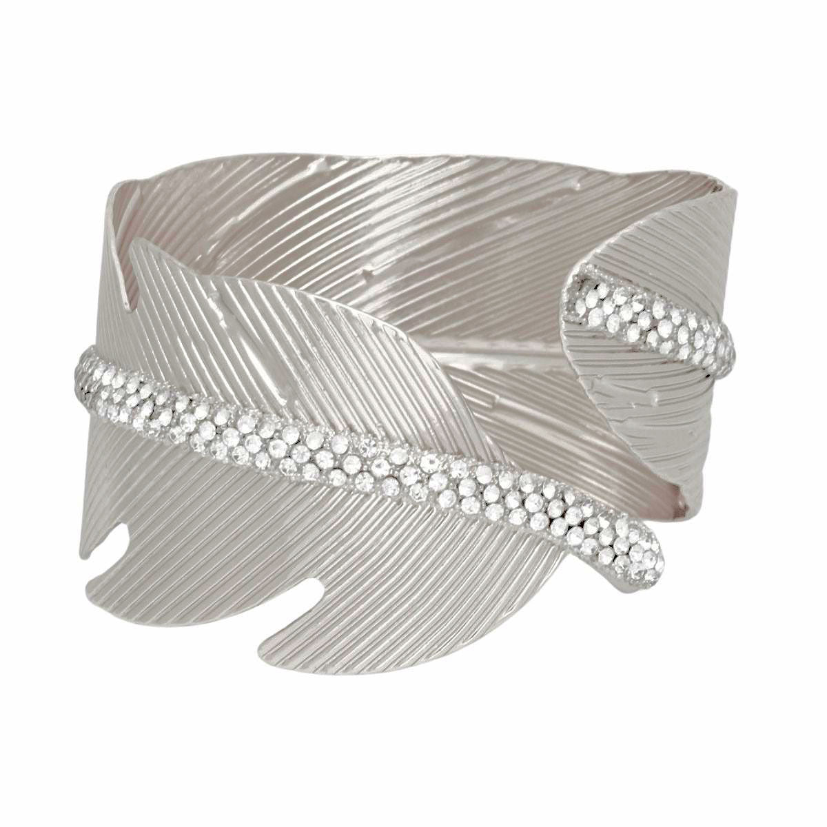Cuff Silver Leaf Motif Shimmering Stone Bracelet