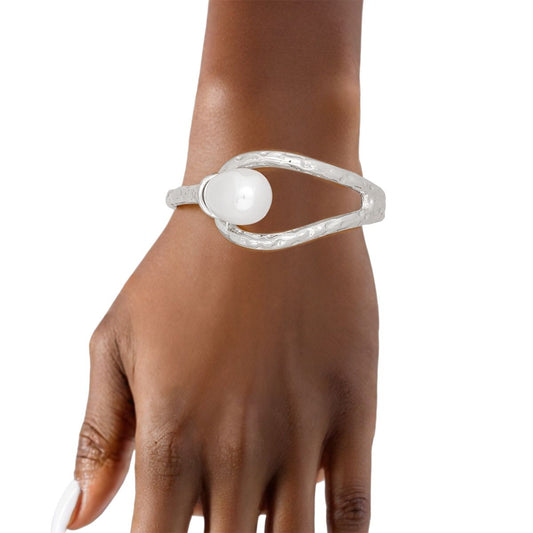 Cuff Teardrop White Pearl Silver Hinge Bracelet