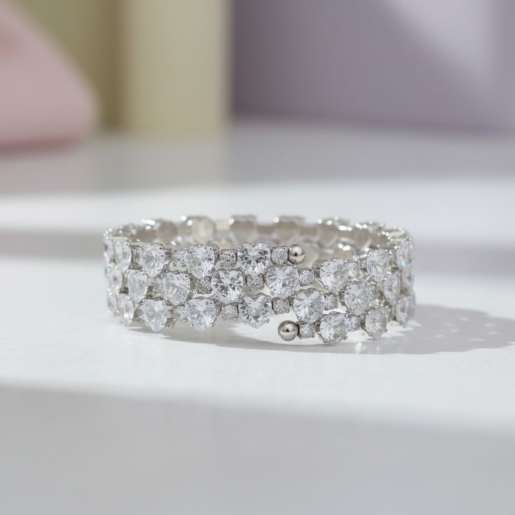 Tennis Heart Crystal CZ Silver Memory Wire Bracelet