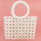 Top Handle Square Cream Pearl Woven Handbag