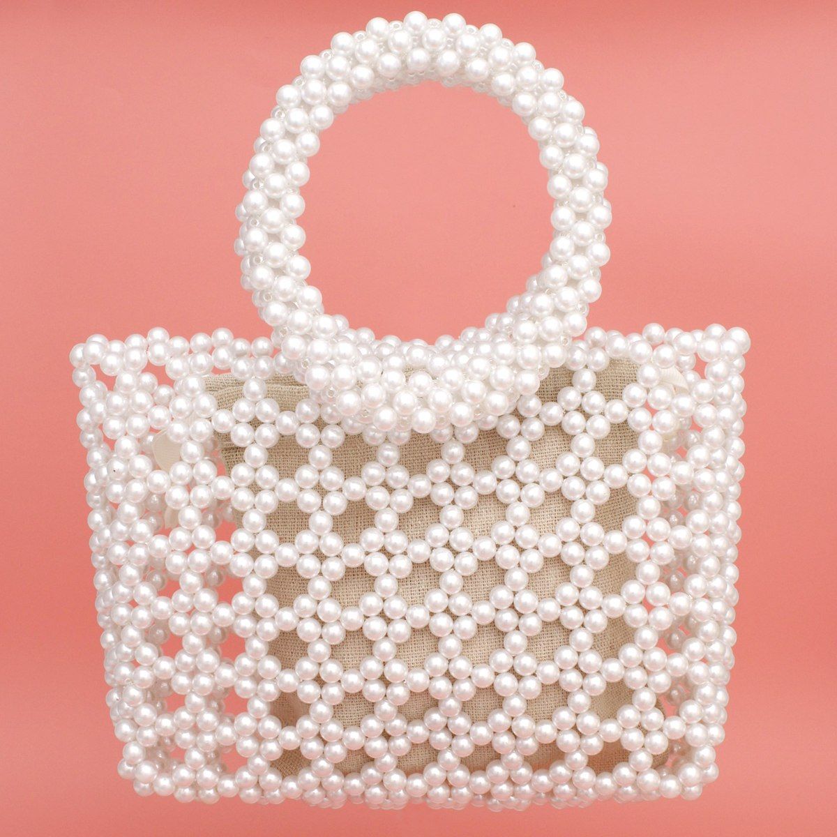 Top Handle Square White Pearl Woven Handbag