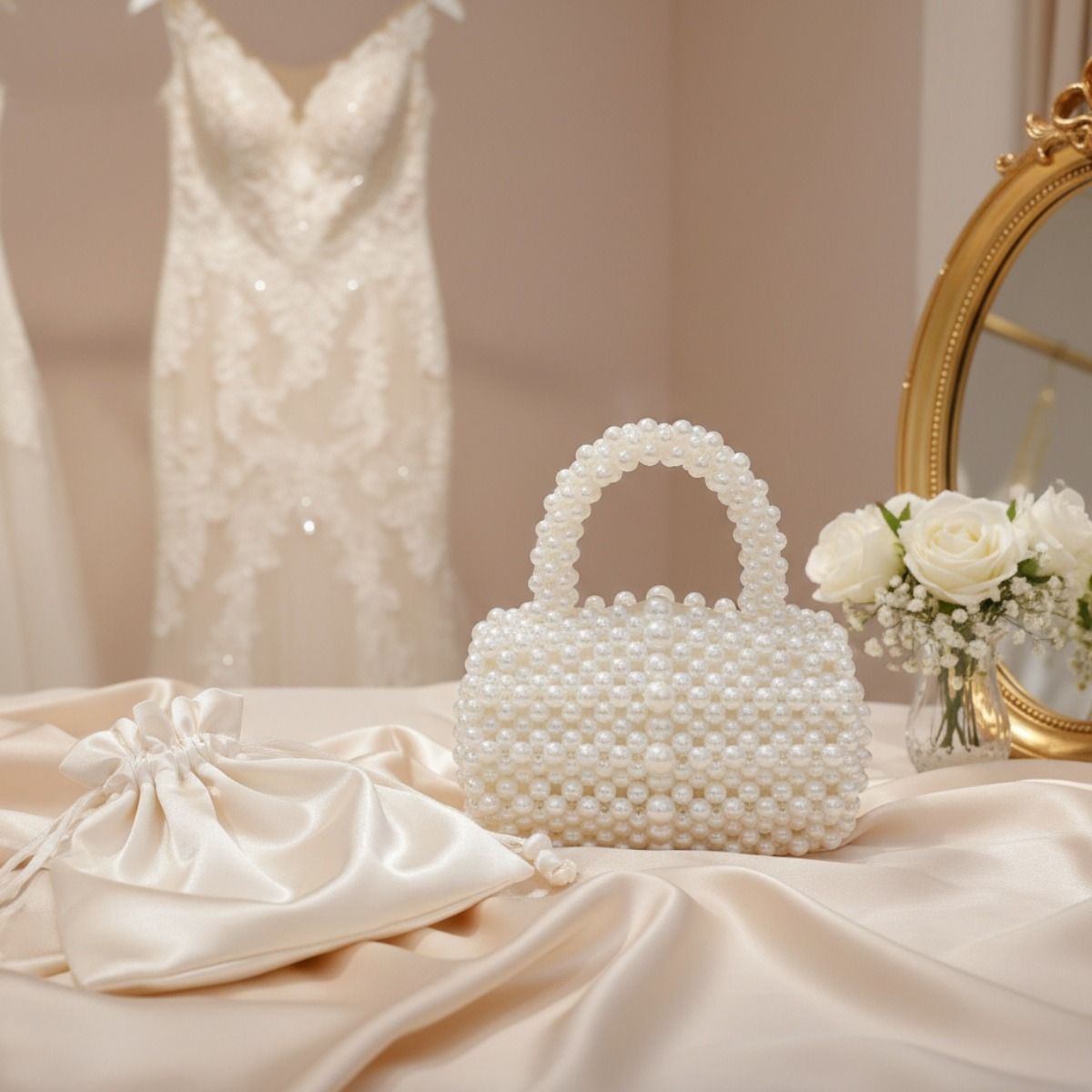 Barrel Bag Luminous Cream Pearl Woven Handbag