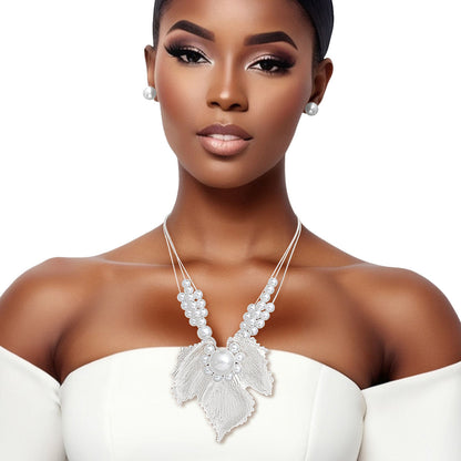 Necklace Silver Chain Pearl Leaf Pendant Set Women