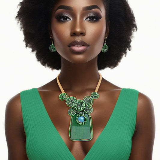Necklace Vibrant Green Striped Pendant Set Women