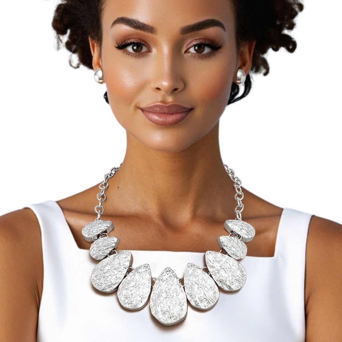 Chain Silver Heavy Crinkle Metal Teardrop Necklace