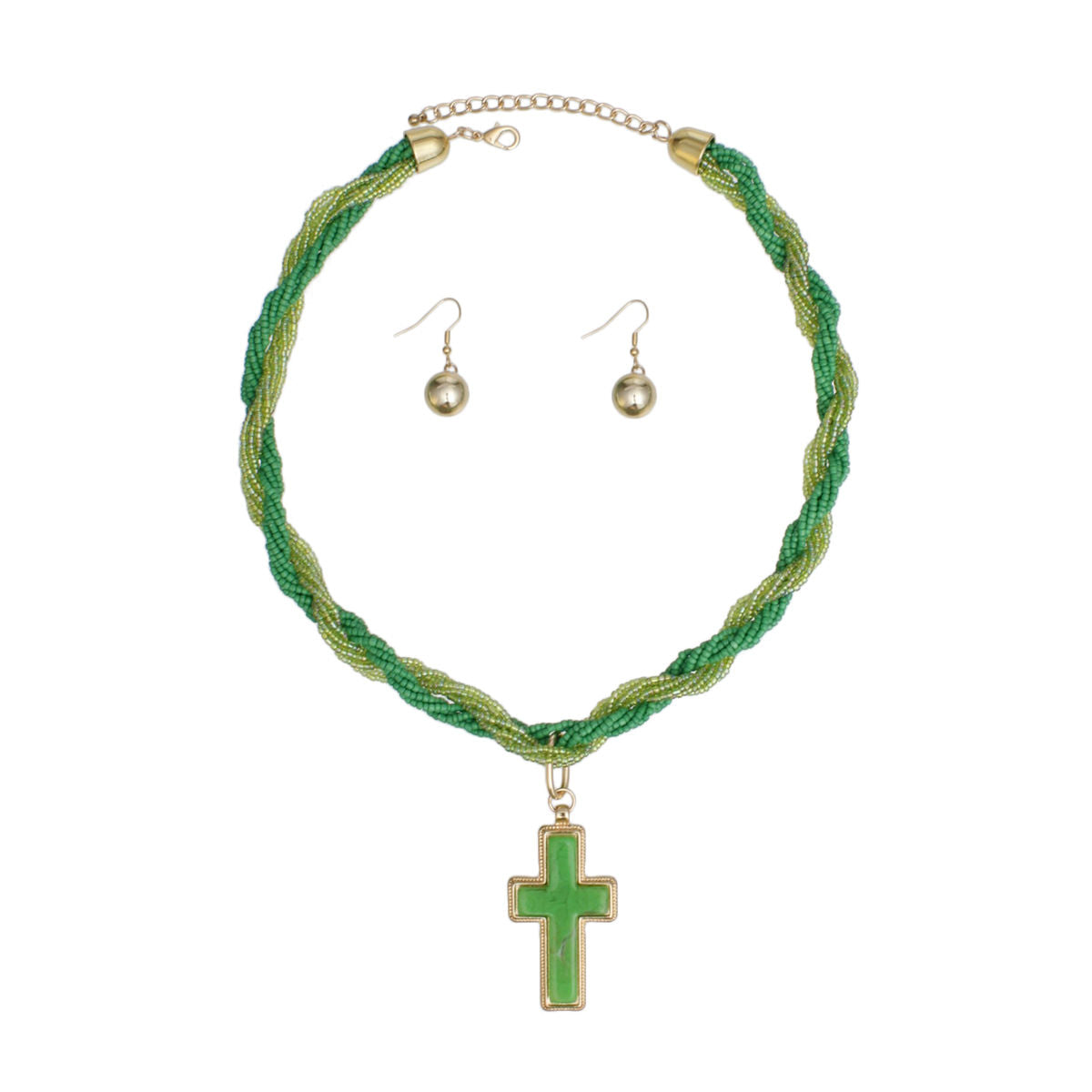 Pendant Green Twisted Bead Marbled Cross Necklace