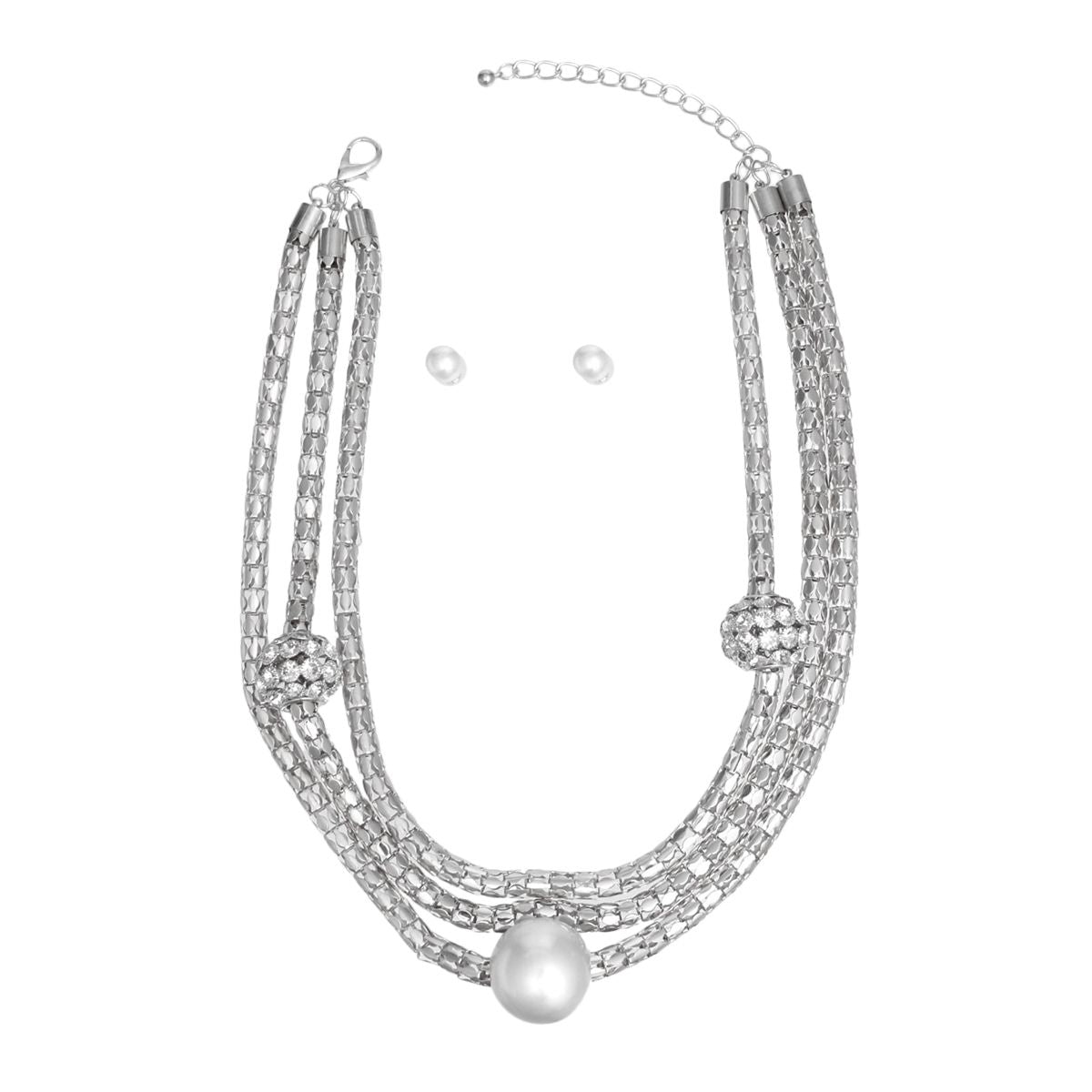 Layered Silver Mesh Snake Chain Ball Pearl Set