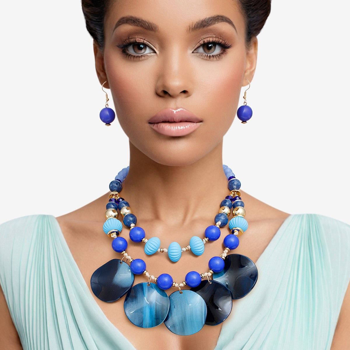 Beaded Fluid Artistic Blue Bead Marbled Disc Set