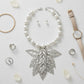 Bib White Pearl Silver Chunky Leaf Drop Necklace