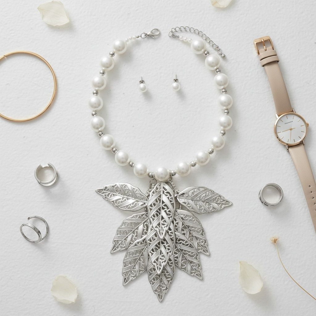 Bib White Pearl Silver Chunky Leaf Drop Necklace