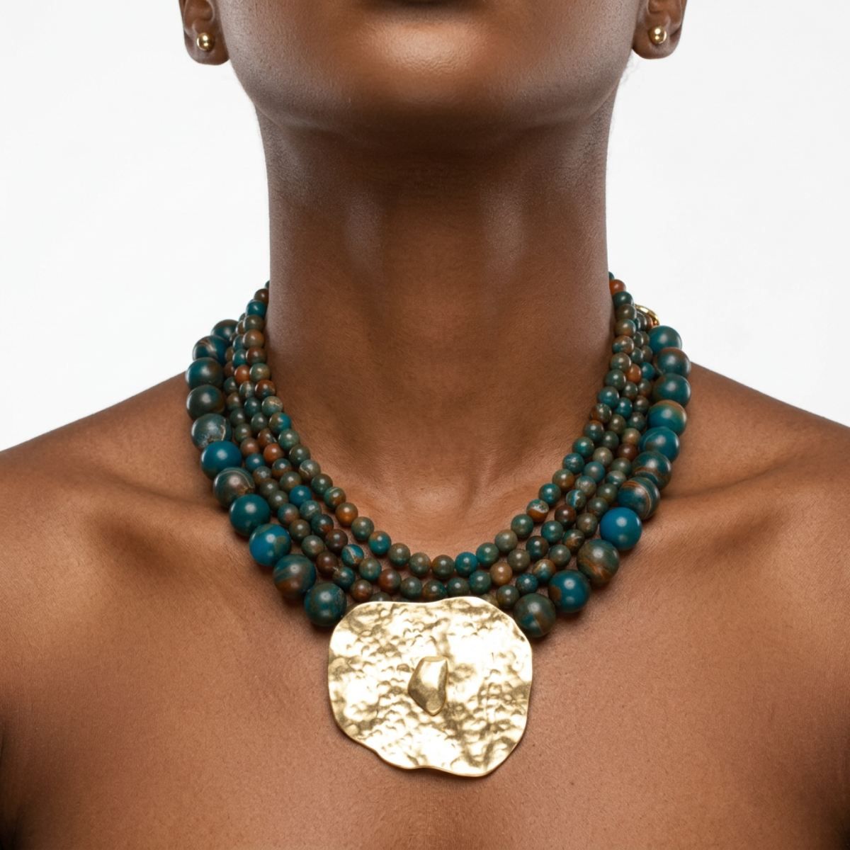 Tribal Lake Blue Stone Bead Hammered Gold Necklace