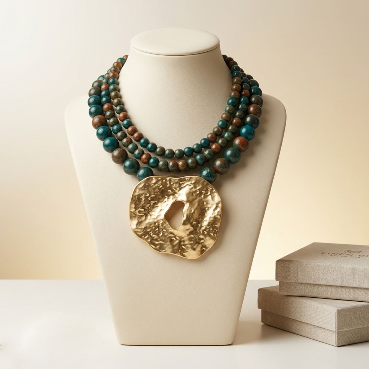 Tribal Lake Blue Stone Bead Hammered Gold Necklace