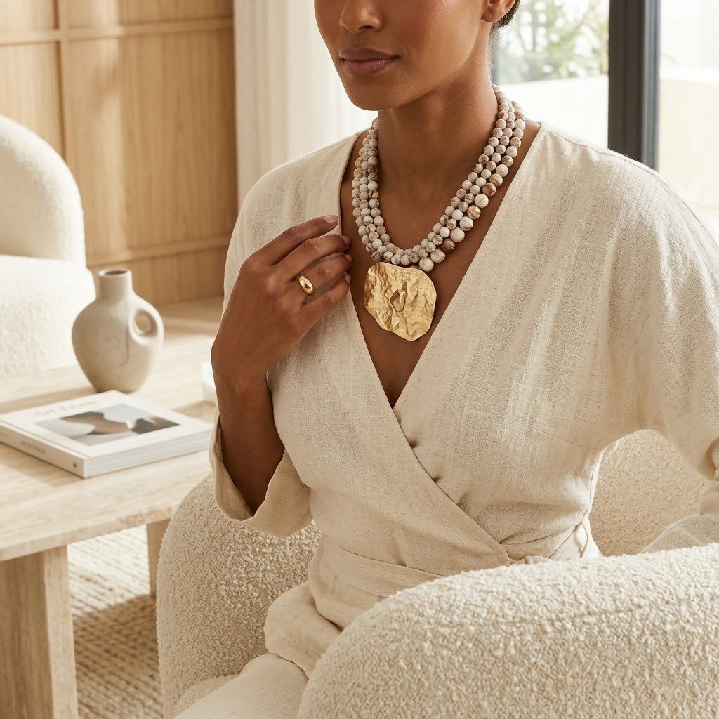 Tribal Ivory Stone Bead Hammered Gold Necklace