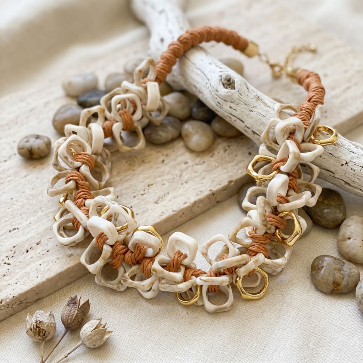 Tribal Marble Ivory Square Leather Woven Necklace