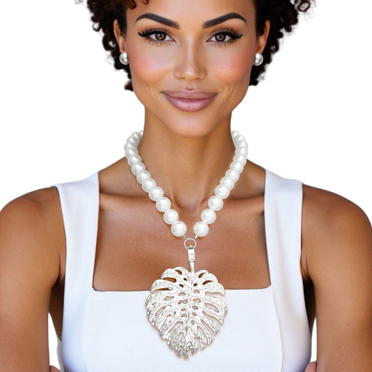 White Pearl Silver Palm Leaf Pendant Necklace