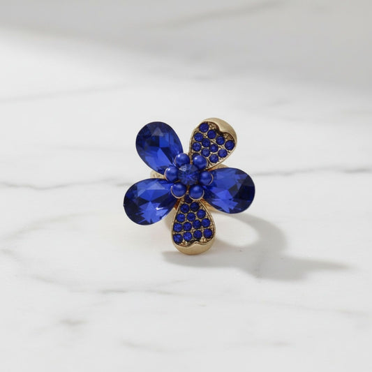 Cocktail Ring Blue Teardrop Crystal Flower Design