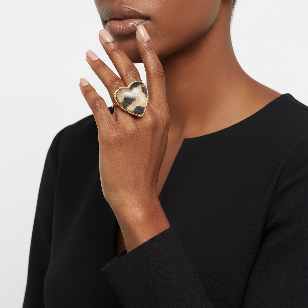 Chunky Heart Leopard Print Stretch Cocktail Ring