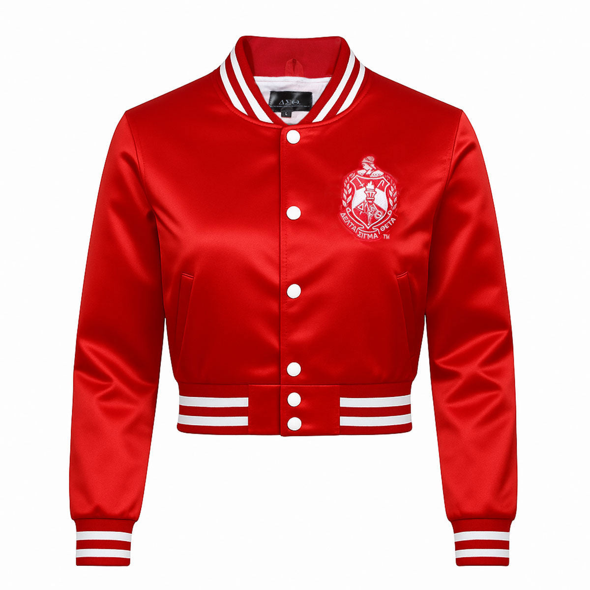 DST Greek Apparel L Cropped Satin Varsity Jacket
