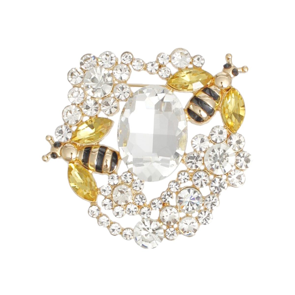 Brooch Gold Clear Glass Crystal Bee Flower Pin