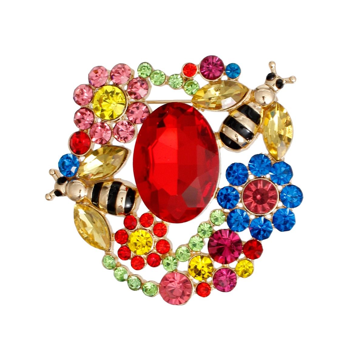 Brooch Gold Multicolor Glass Crystal Bee Flower