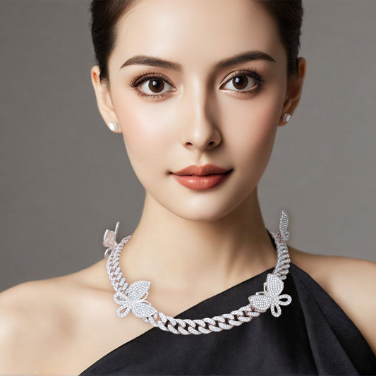 Iced Silver Butterfly Cuban Chain Set