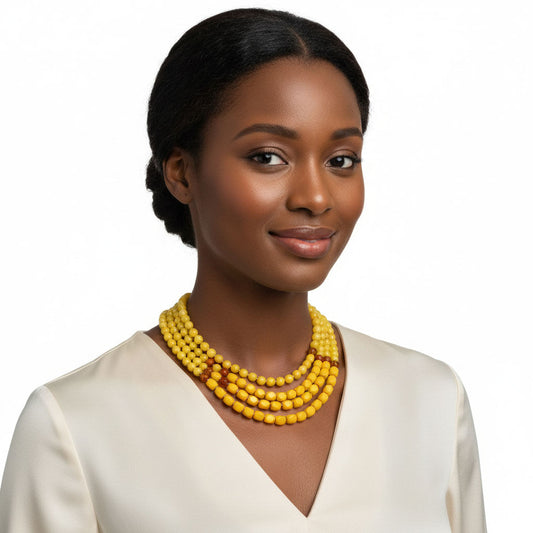 Glass Bead Yellow 4 Strand Tribal Layered Necklace