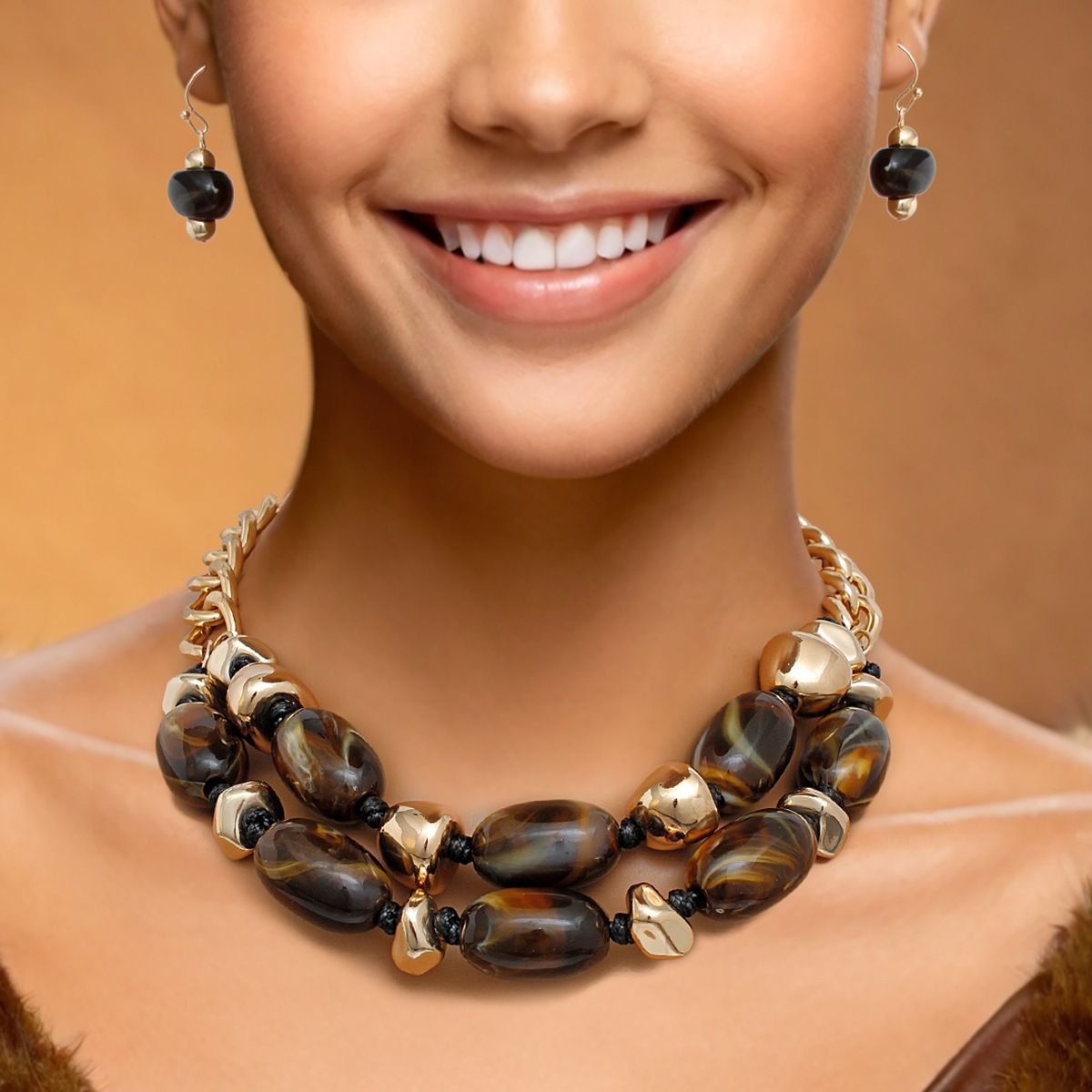 Beaded Deep Marbled Brown Gold Chain Necklace