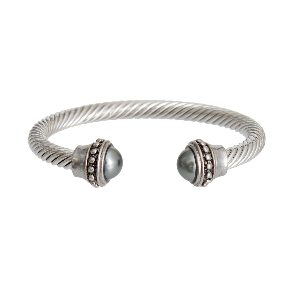Gray Pearl Silver Stud Cable Bangle