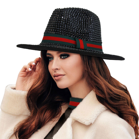 Black Rhinestone Designer Fedora Hat