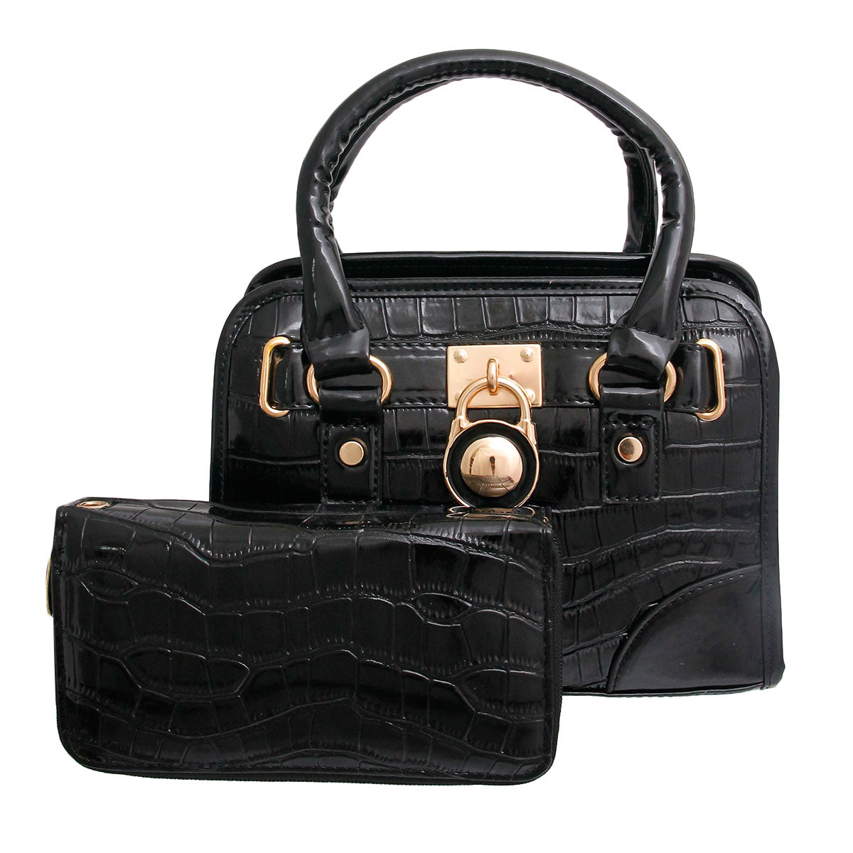 Shiny Black Croc Mini Satchel Set