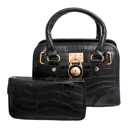 Shiny Black Croc Mini Satchel Set