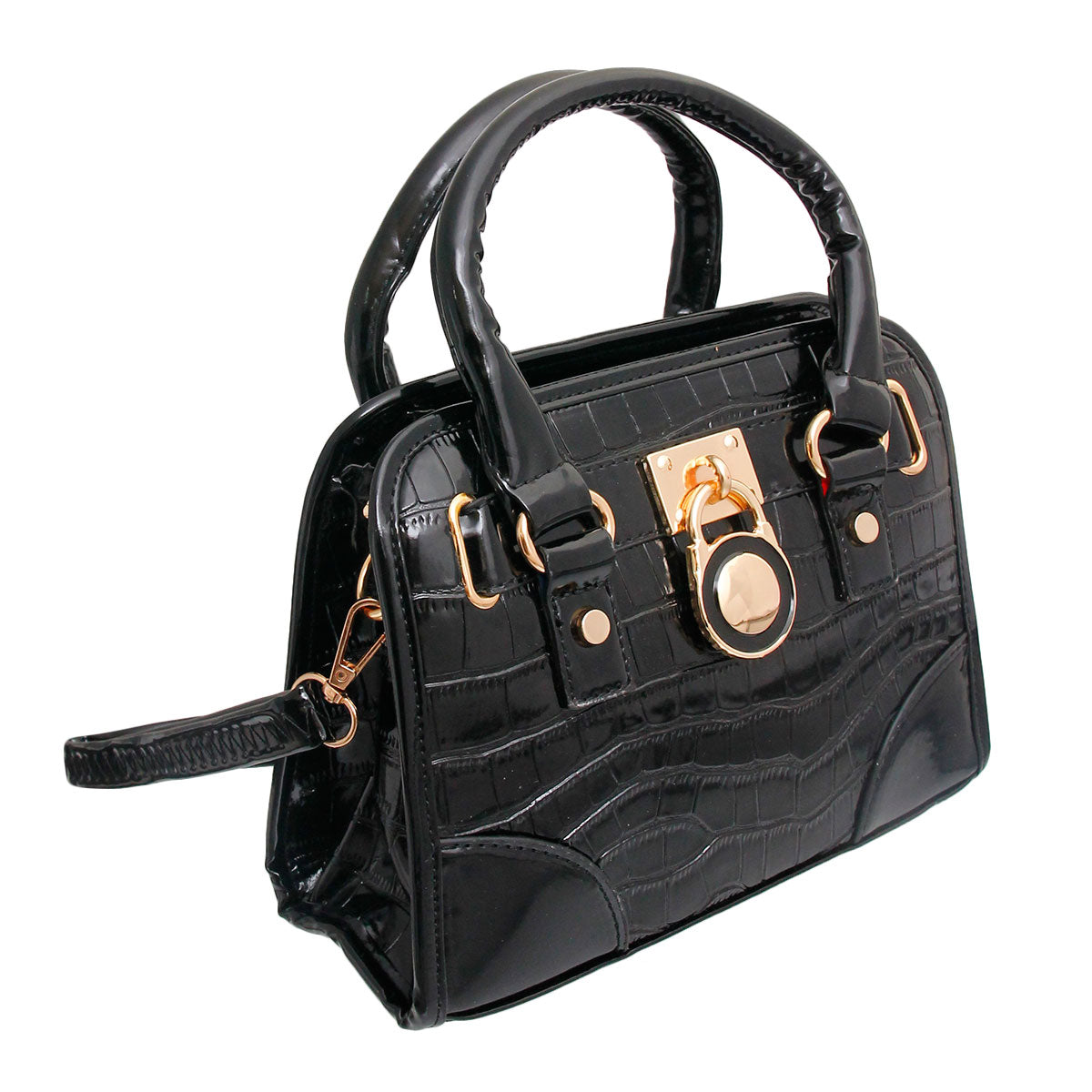 Shiny Black Croc Mini Satchel Set