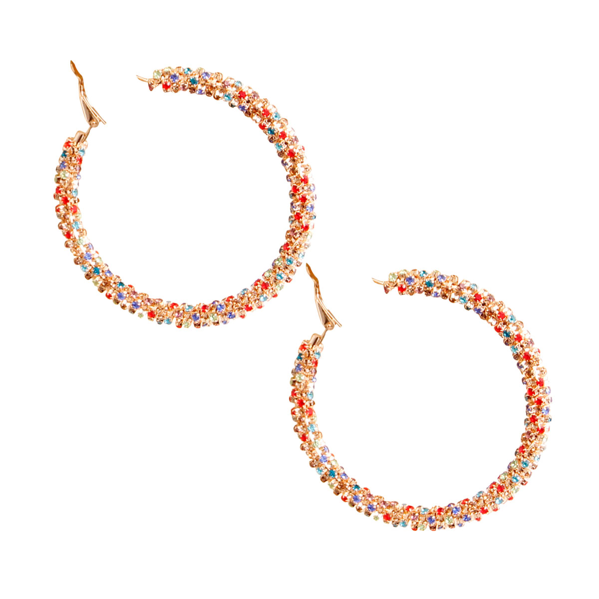 Multi Color Rhinestone Covered Gold Hoops