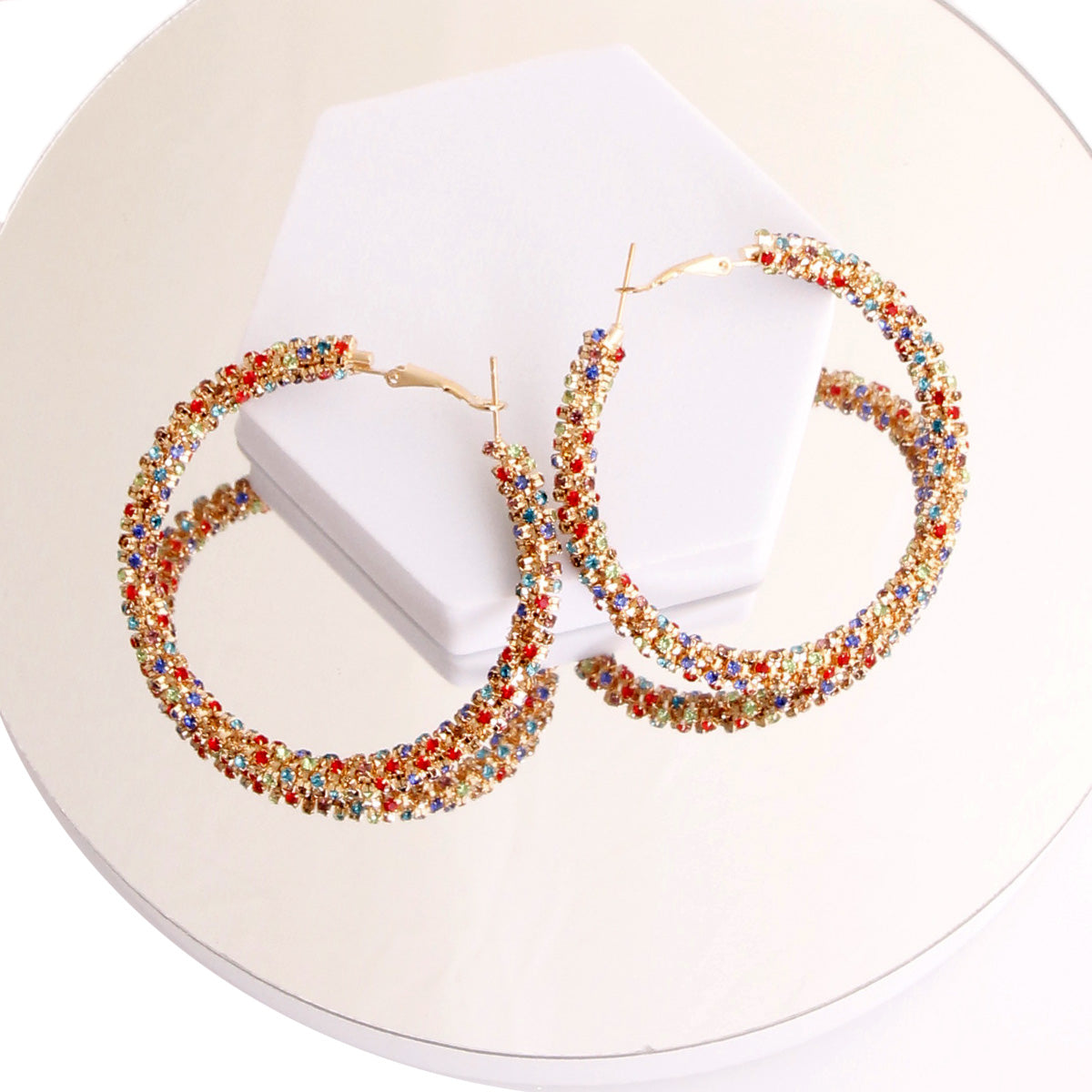 Multi Color Rhinestone Covered Gold Hoops