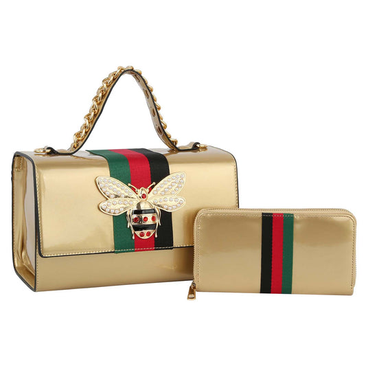 Gold Patent Leather Designer Satchel Set