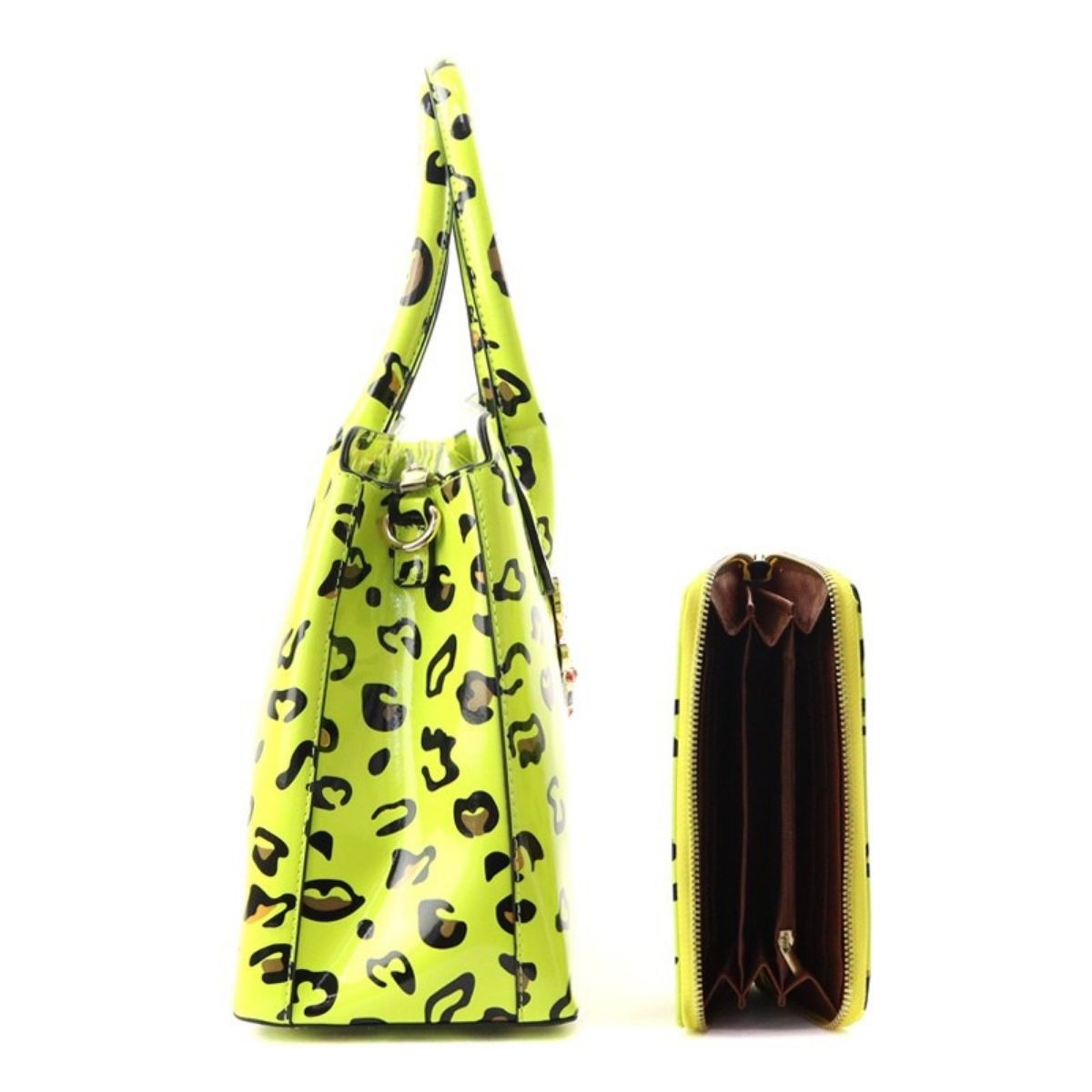 Neon Yellow Leopard Patent Handbag Set